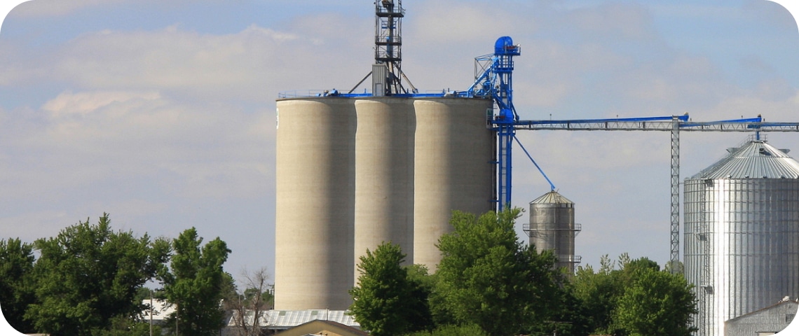 Grain silos with blue machinery beside trees and a small building under a cloudy sky.