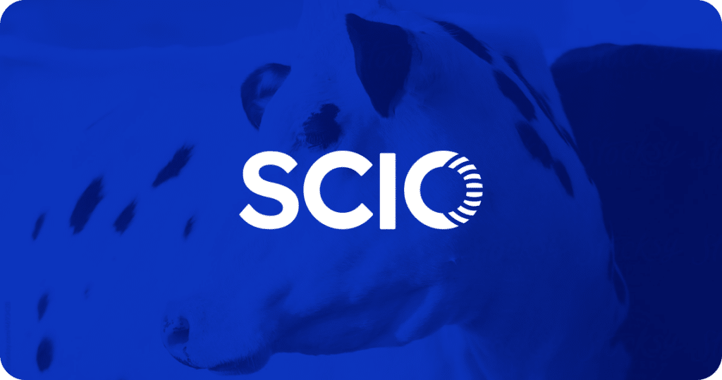 Blue-tinted image of a cow with black spots, partially visible, with "SCIO" text overlay.