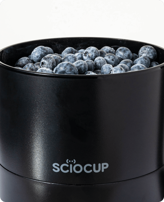 Black container filled with fresh blueberries, labeled "Sciocup.