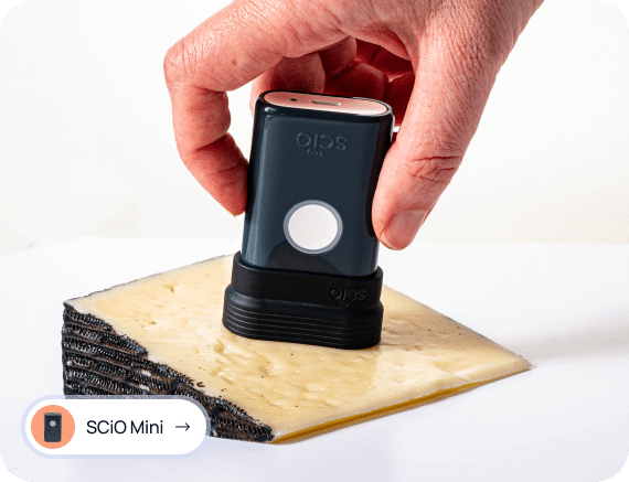 A hand holds a SCiO Mini scanner on a piece of cheese with a black rind.